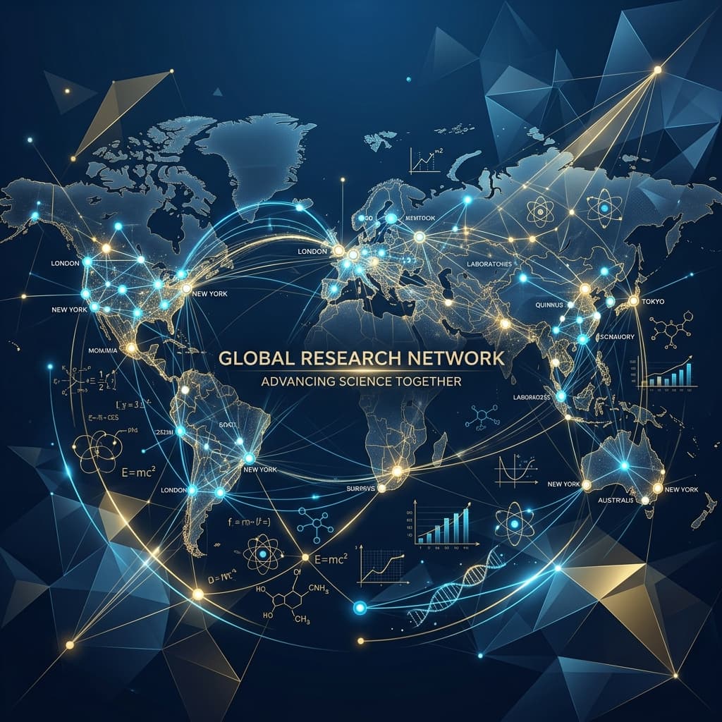 Abstract editorial illustration representing a global research network