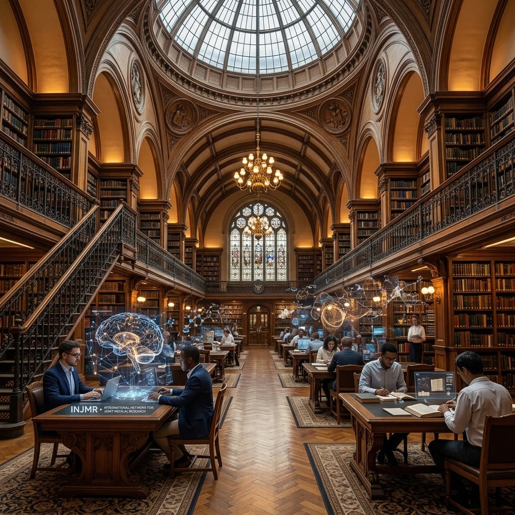 INJMR grand library hall blending historic scholarship with modern research